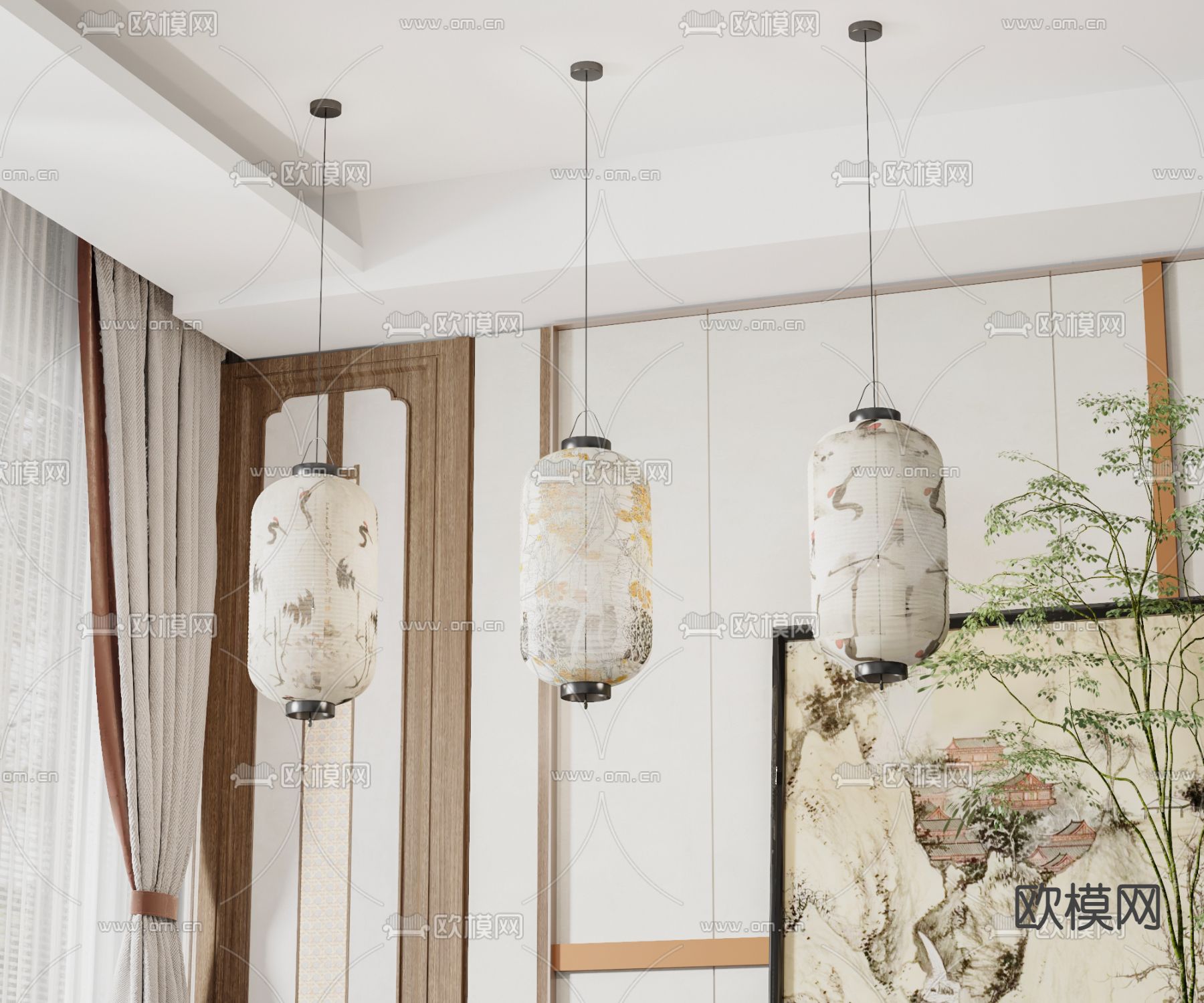 新中式灯笼吊灯3d模型下载