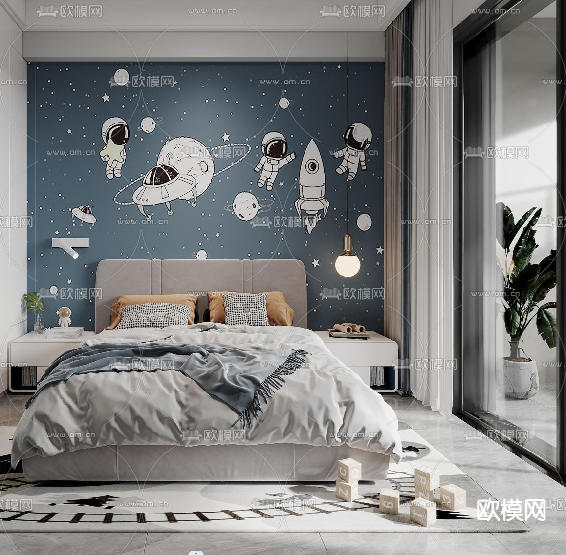 北欧风男孩房 儿童房3d模型下载（渲染图2）