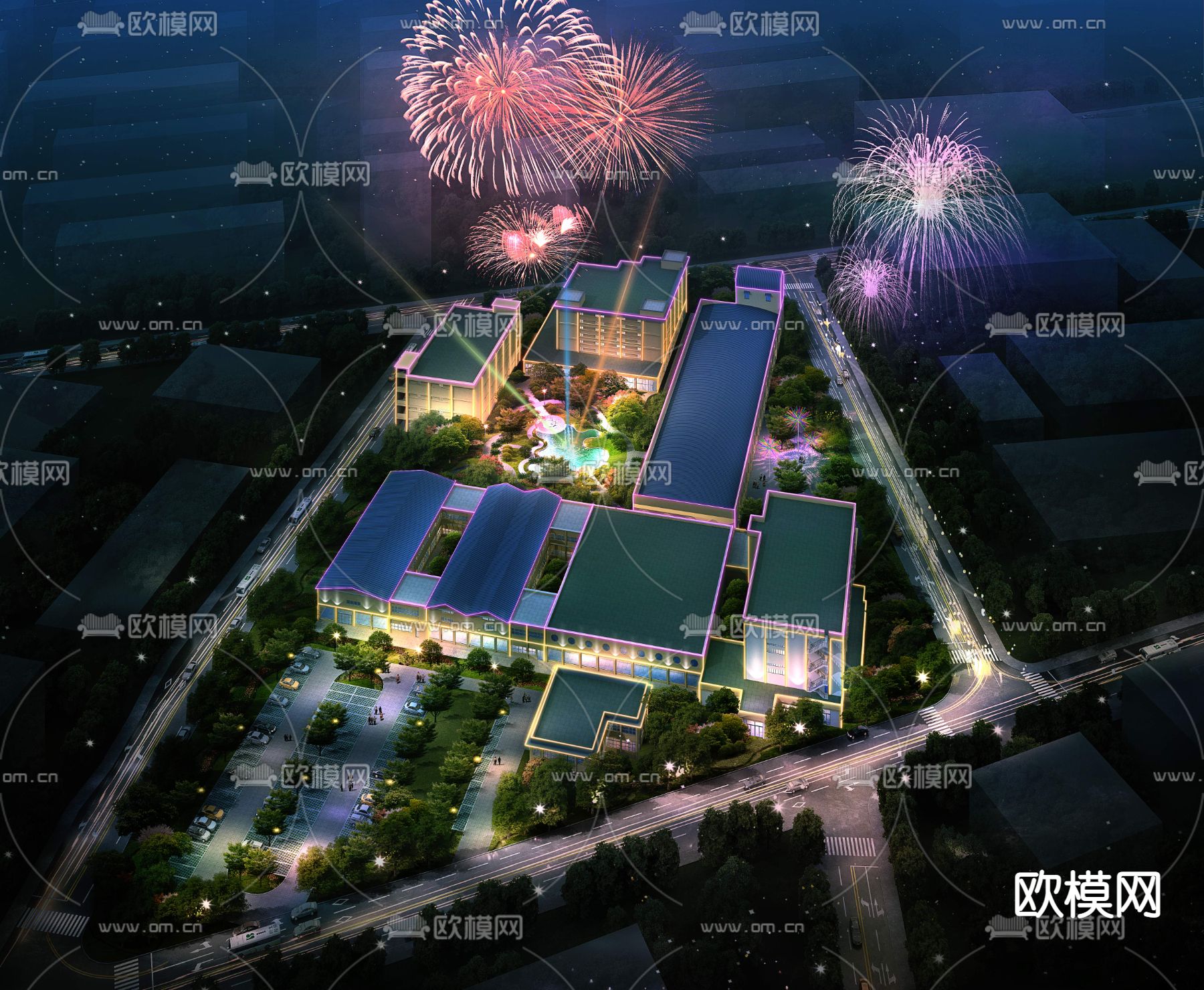 现代酒店烟花夜景鸟瞰psd下载