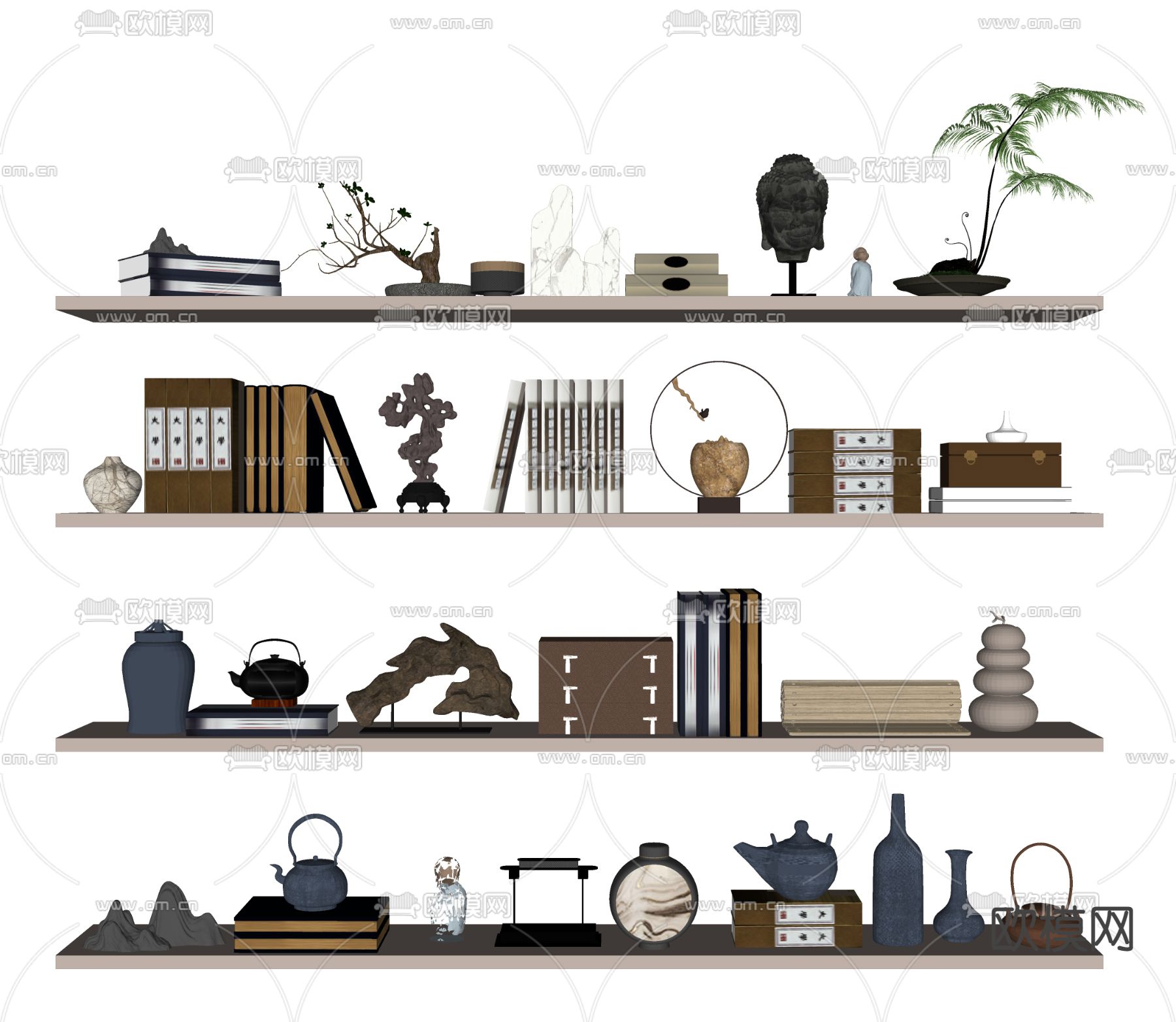 新中式书籍 雕塑 盆栽摆件su模型下载