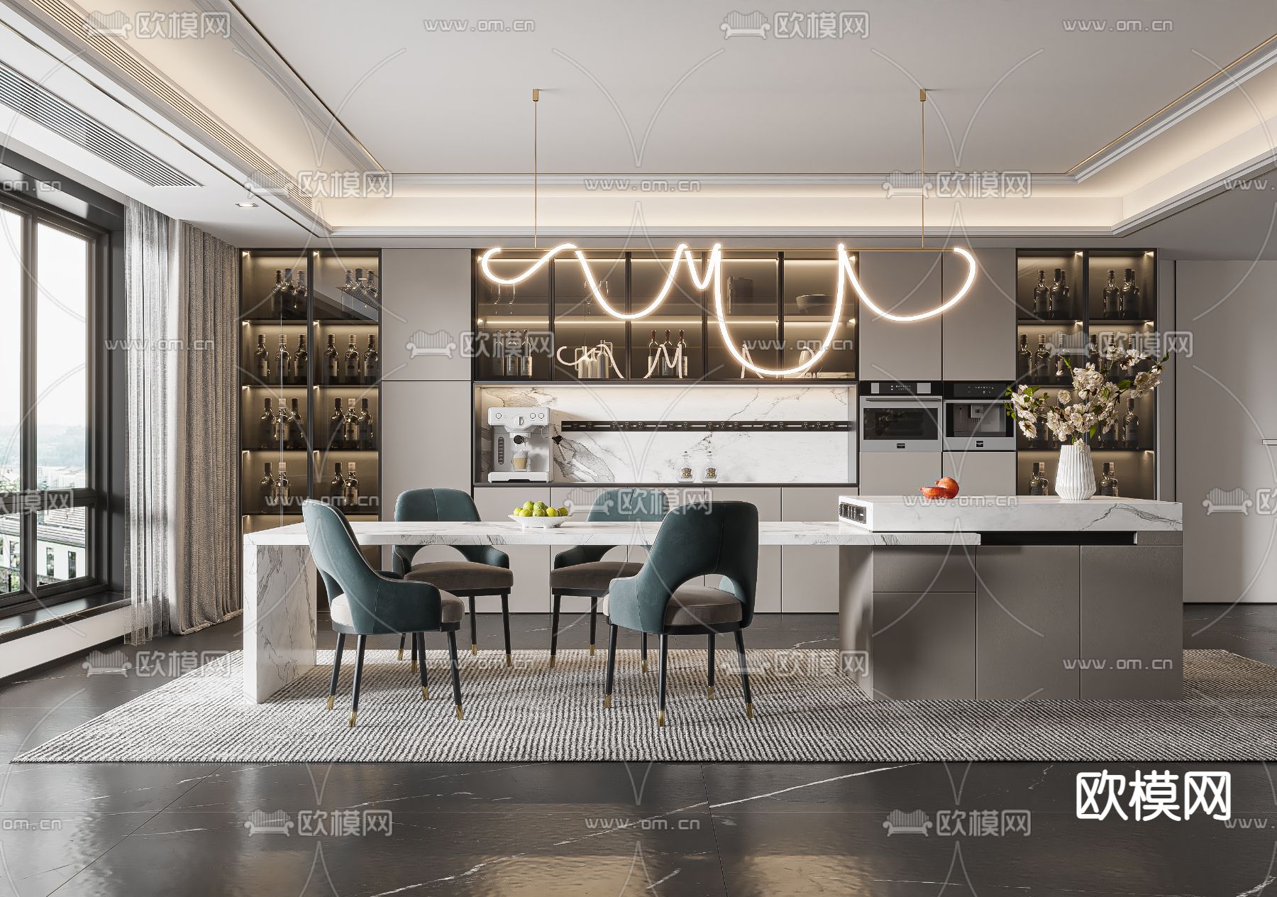 现代中岛台餐厅3d模型下载_ID12129042_3dmax免费模型-欧模网