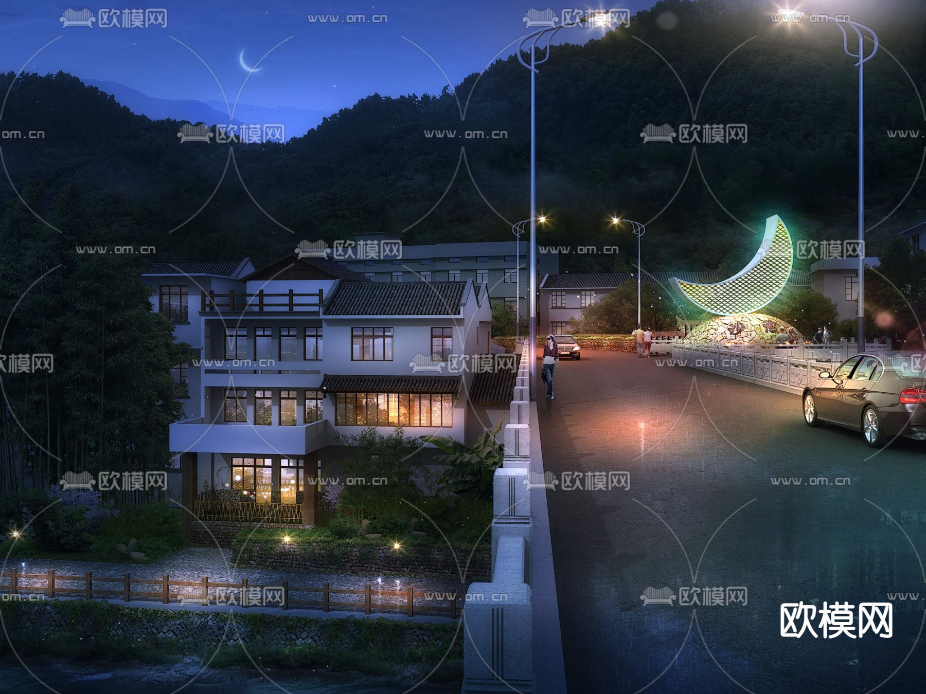 新中式月亮雕塑乡村夜景psd下载