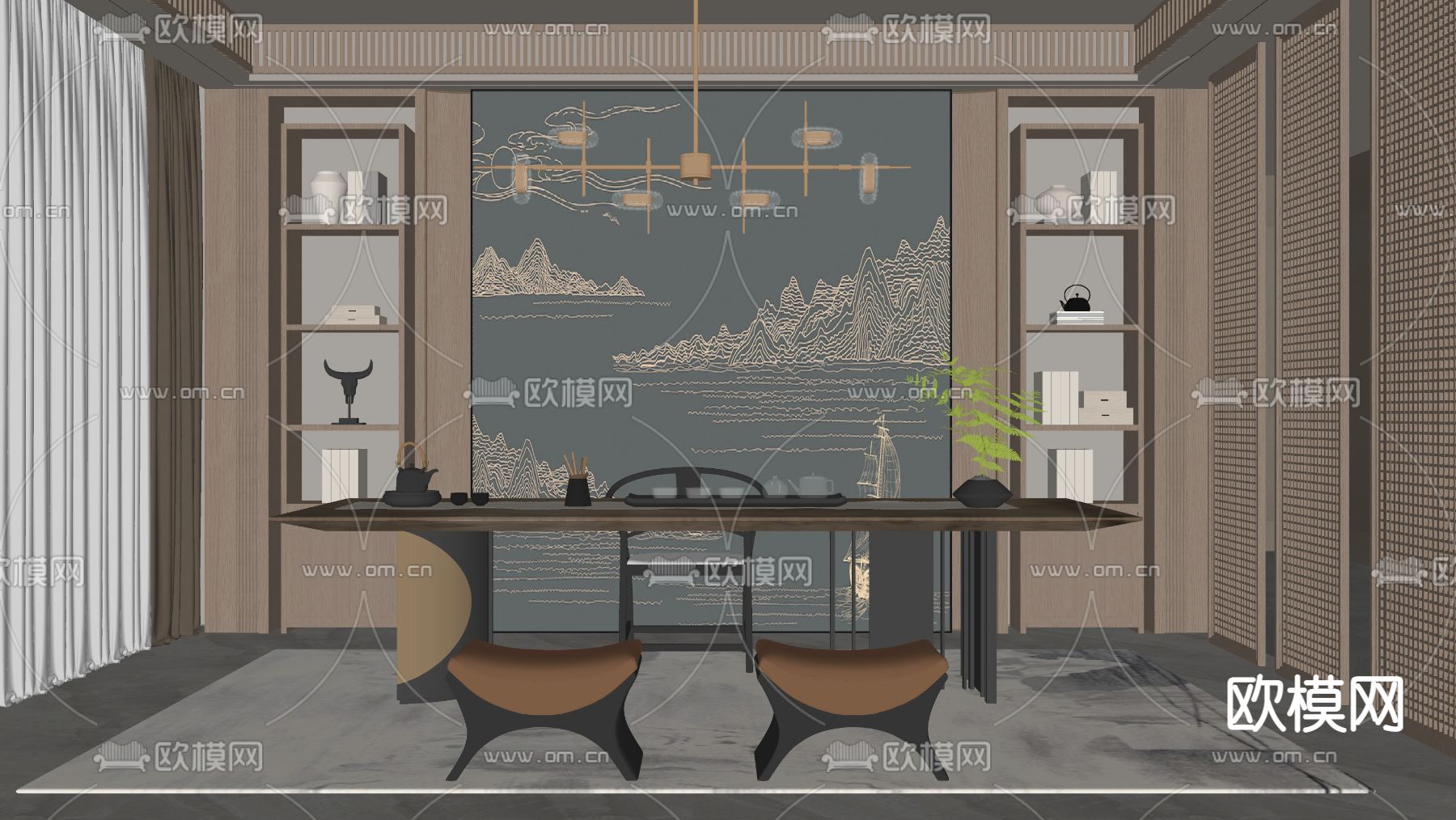 新中式茶室su模型下载（渲染图2）