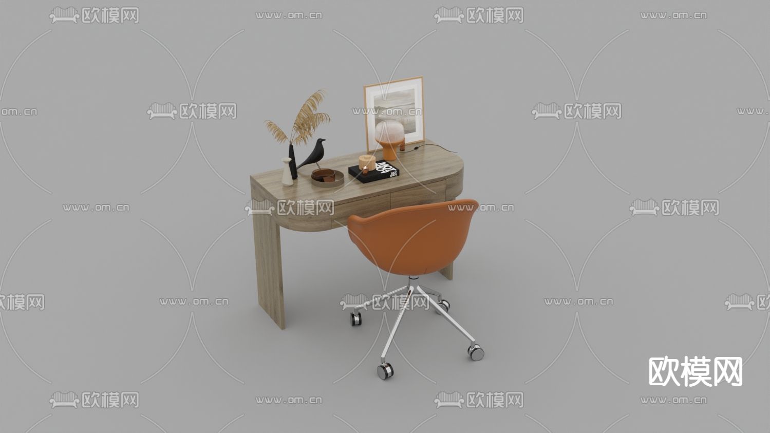 北欧简约实木不锈钢皮革书桌椅免费3d模型