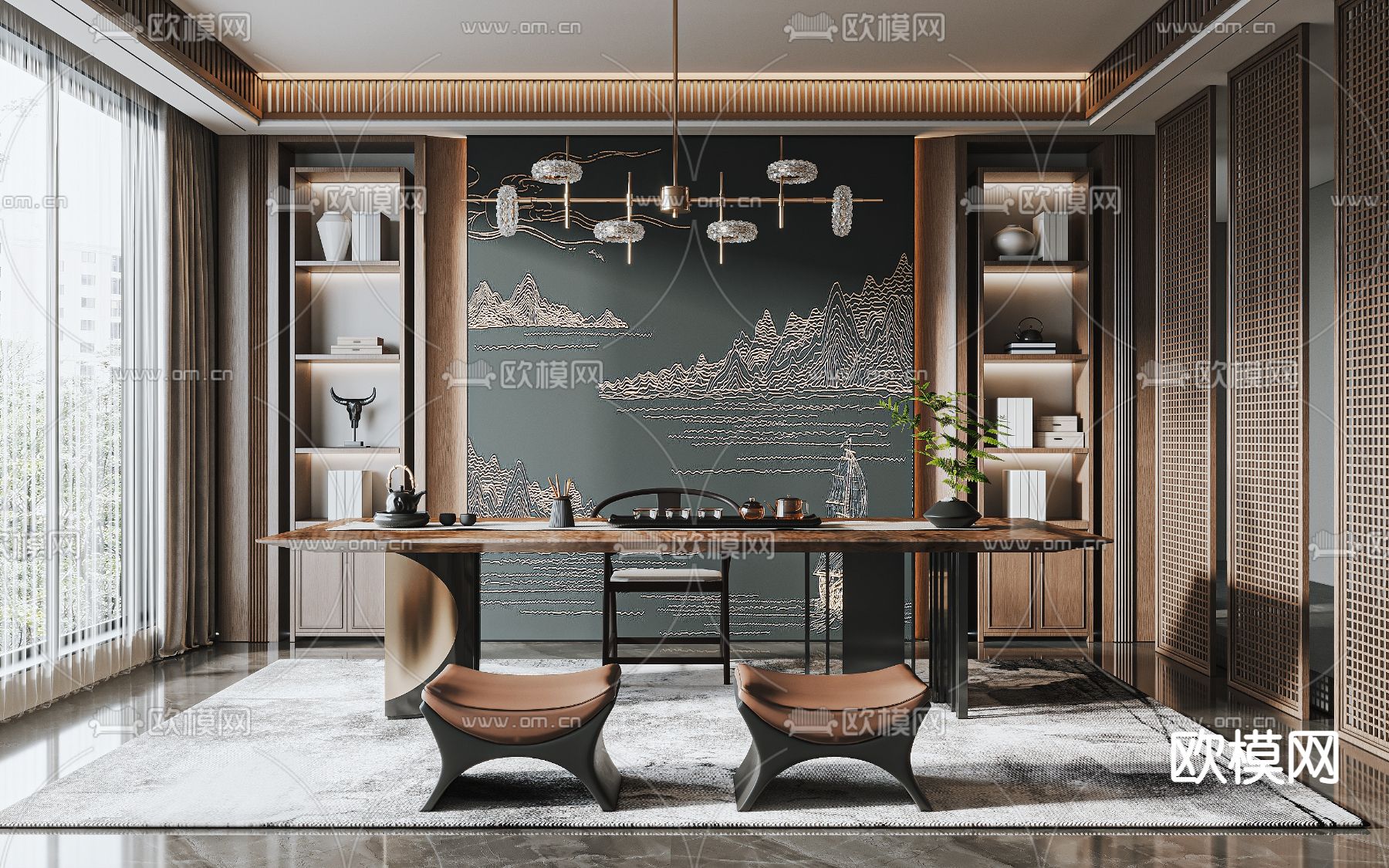 新中式茶室su模型下载（渲染图1）