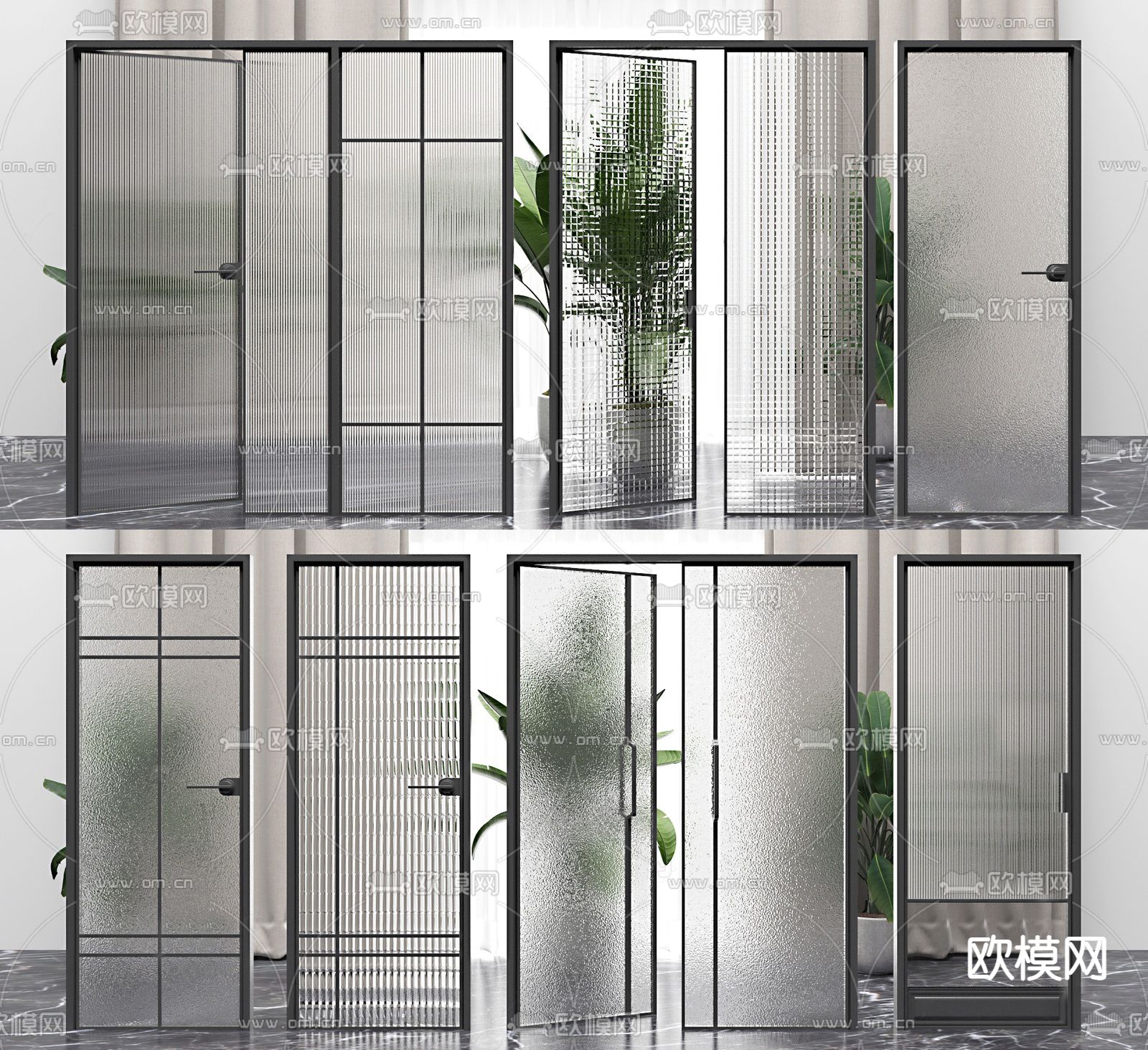 现代玻璃推拉门su模型下载（渲染图1）