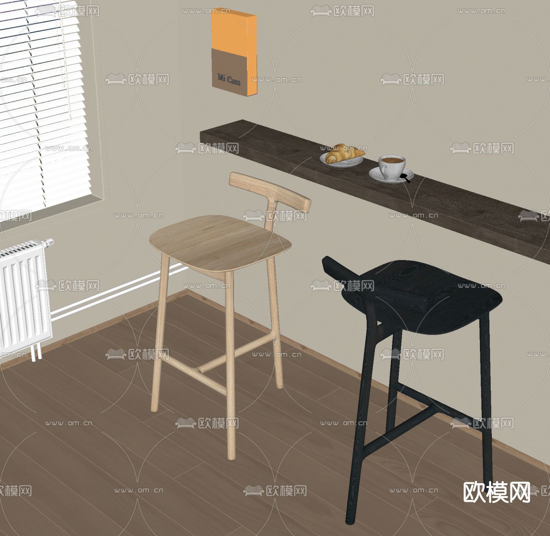 现代壁挂式吧台 靠背吧台椅su模型下载（渲染图2）
