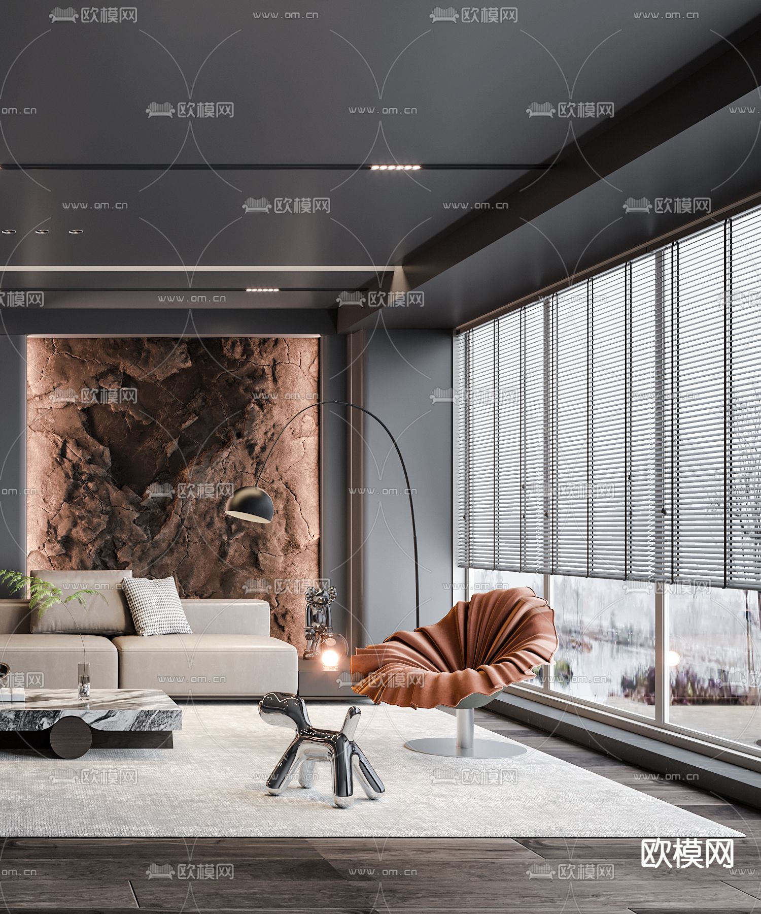 现代暗黑风客厅3d模型下载（渲染图3）