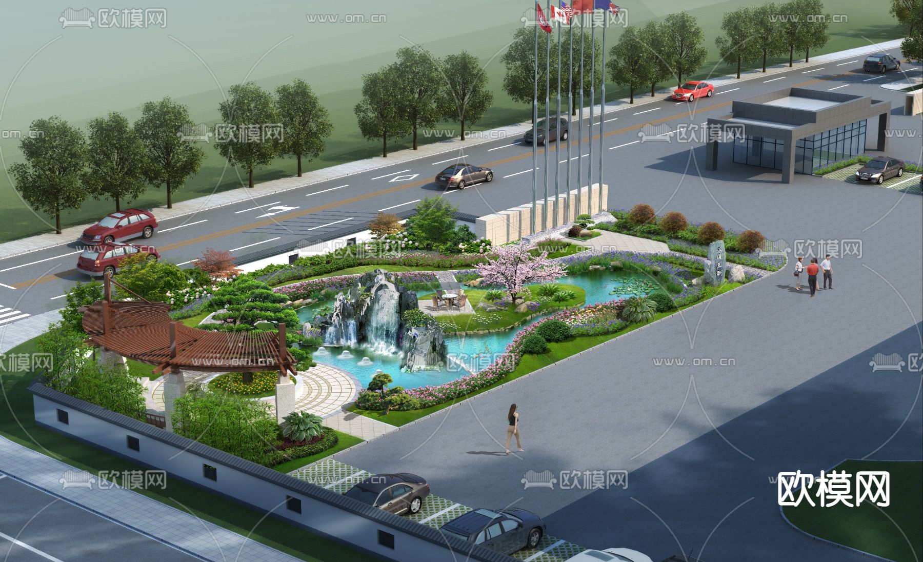 现代公园假山流水景观鸟瞰psd下载