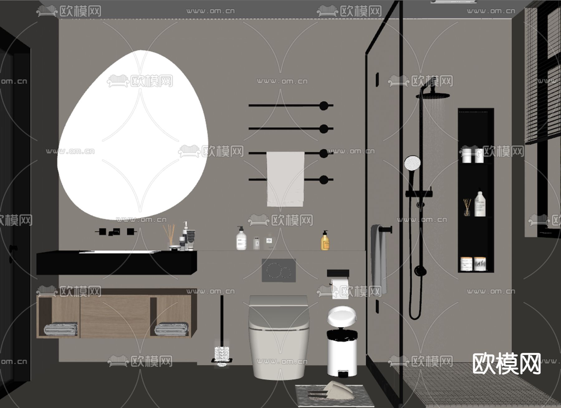 现代奶油风浴室卫生间su模型下载（渲染图2）