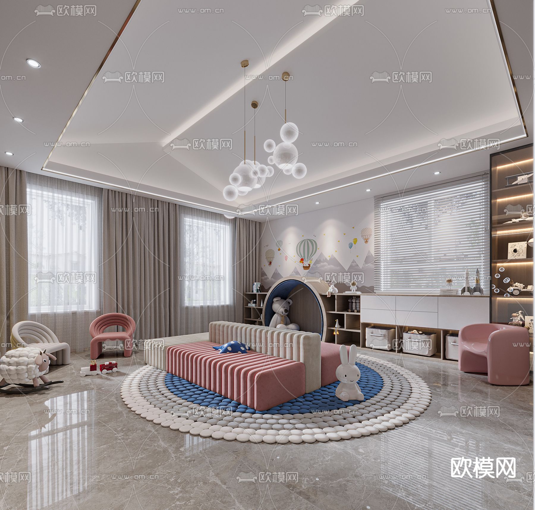 新中式儿童起居室3d模型下载（渲染图1）