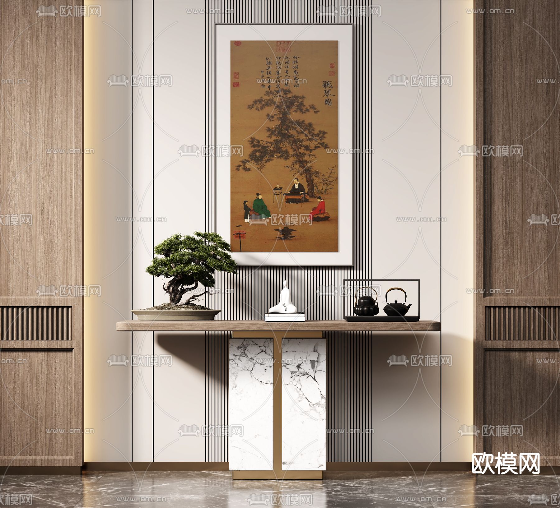 新中式端景台su模型下载（渲染图1）