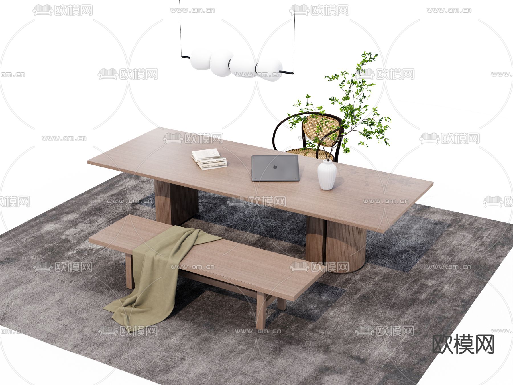 现代实木书桌椅组合su模型下载（渲染图1）