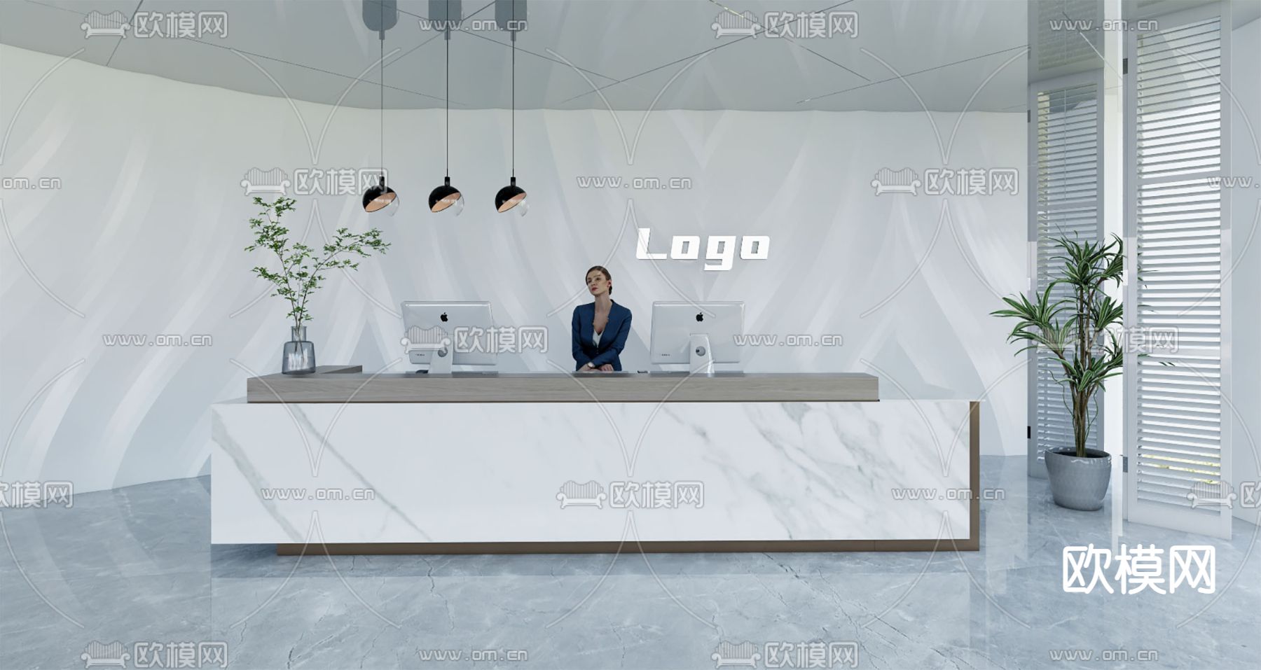 现代公司前台 接待处su模型下载（渲染图1）