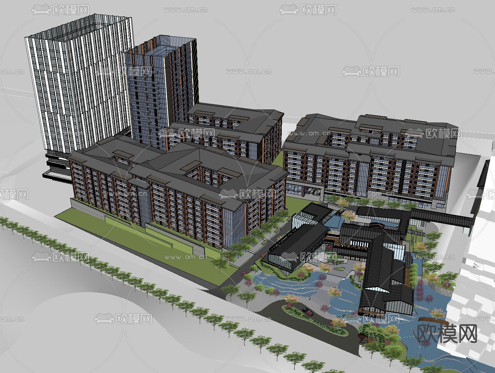 新中式商业楼建筑鸟瞰su模型下载（渲染图1）