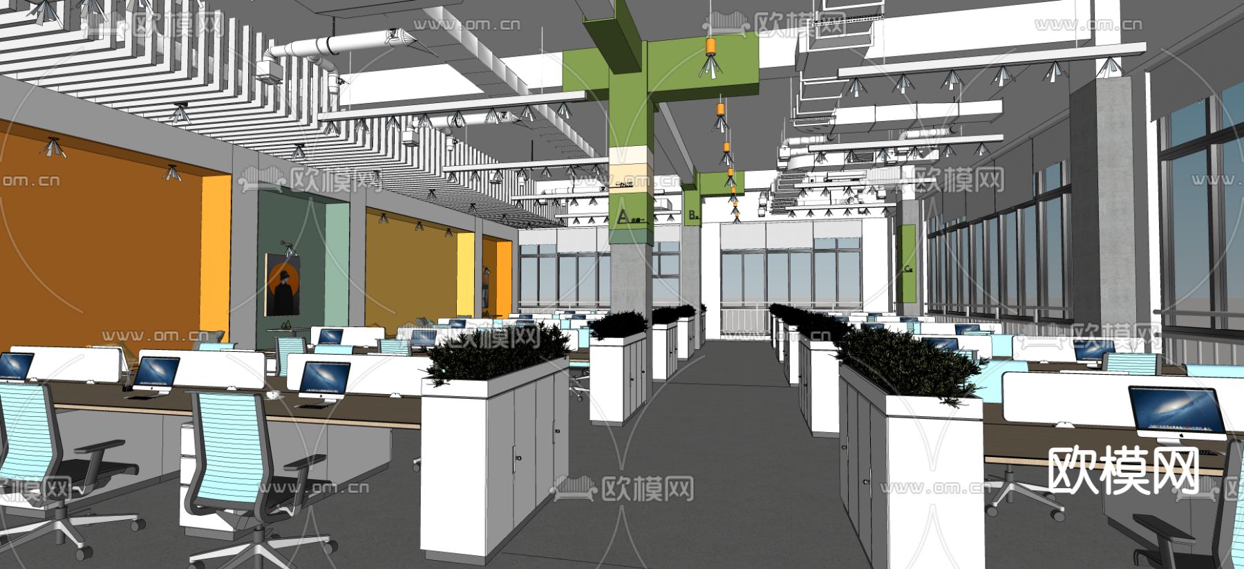 现代开放式办公区su模型下载（渲染图3）