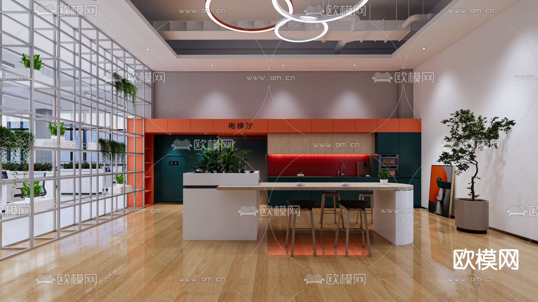 现代开放式办公区su模型下载（渲染图4）