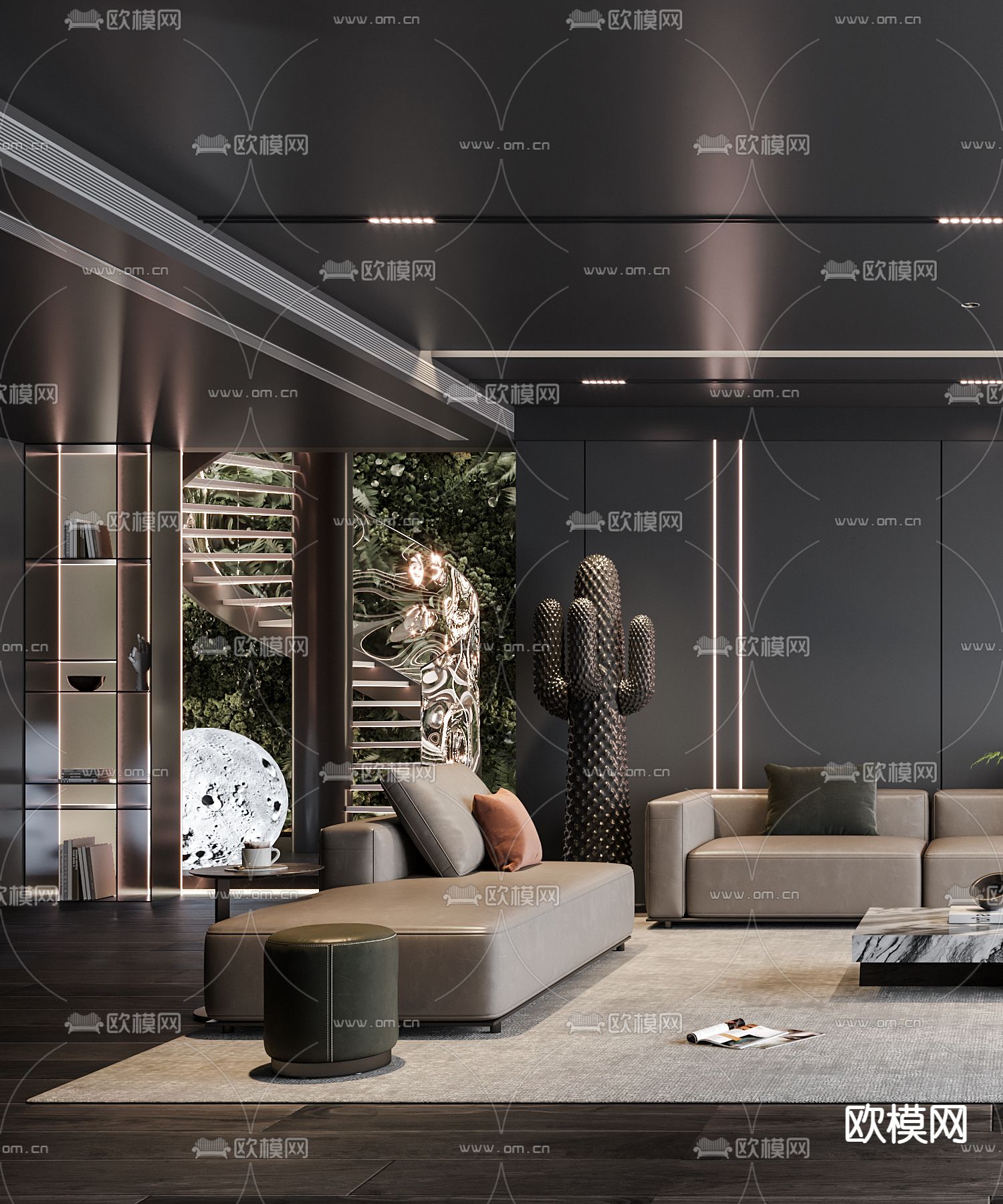 现代暗黑风客厅3d模型下载（渲染图2）