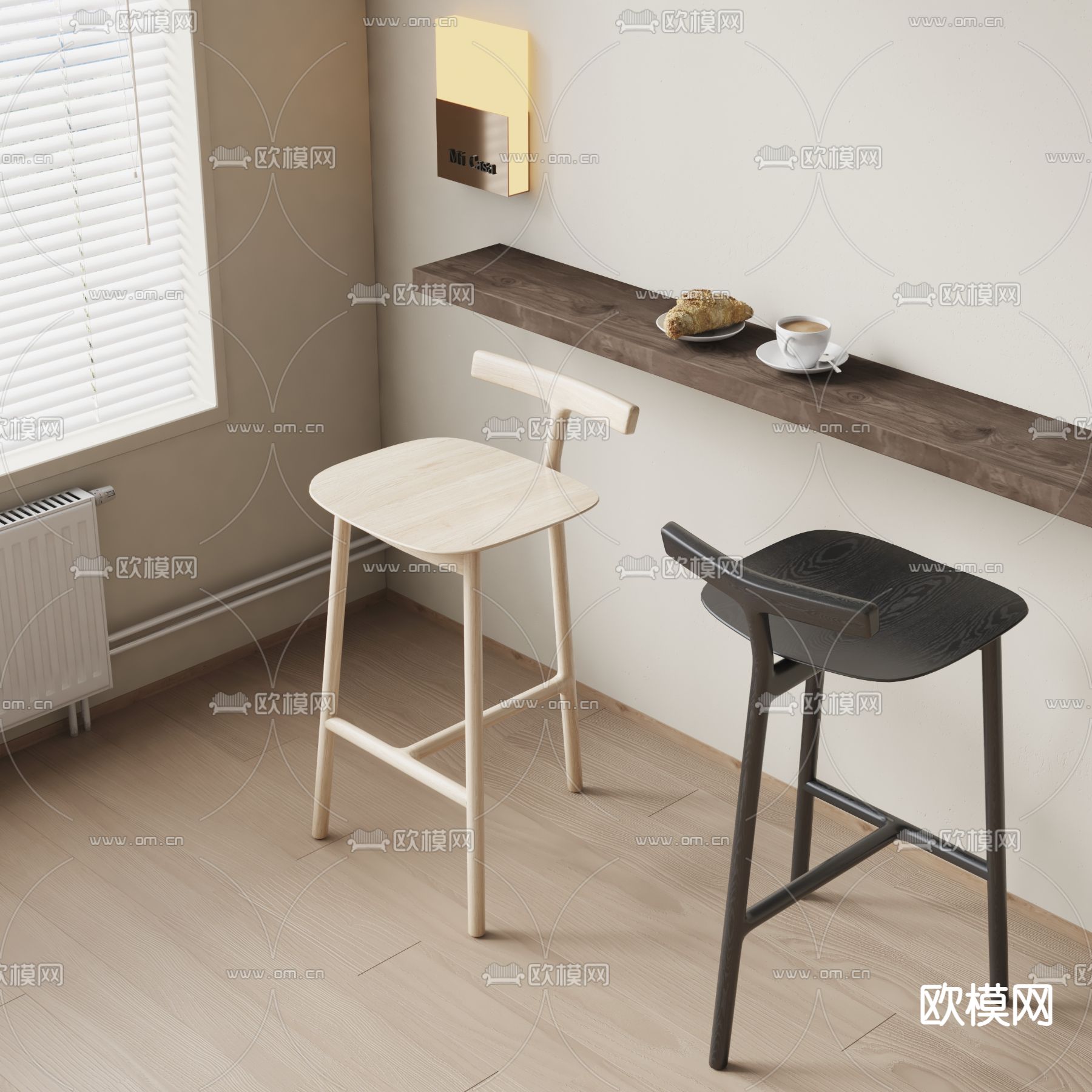 现代壁挂式吧台 靠背吧台椅su模型下载（渲染图1）