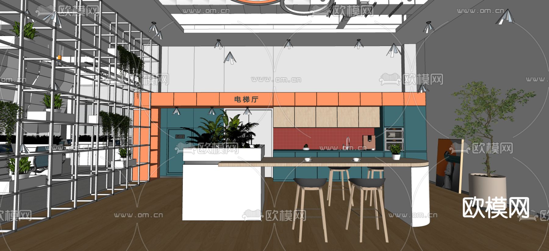 现代开放式办公区su模型下载（渲染图2）