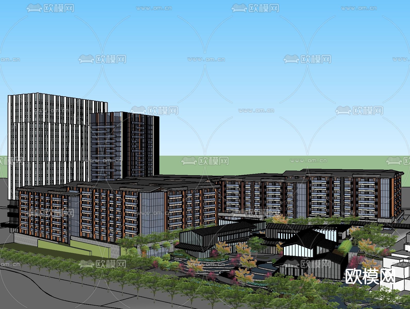 新中式商业楼建筑鸟瞰su模型下载（渲染图2）