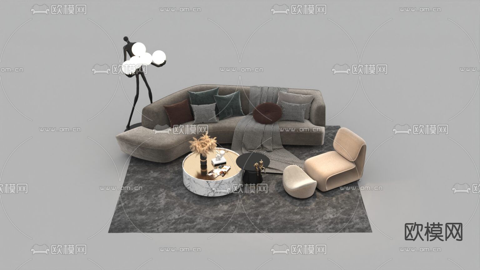 现代轻奢艺术布艺多人沙发组合免费3d模型下载_ID12131584_3dmax免费模型-欧模网