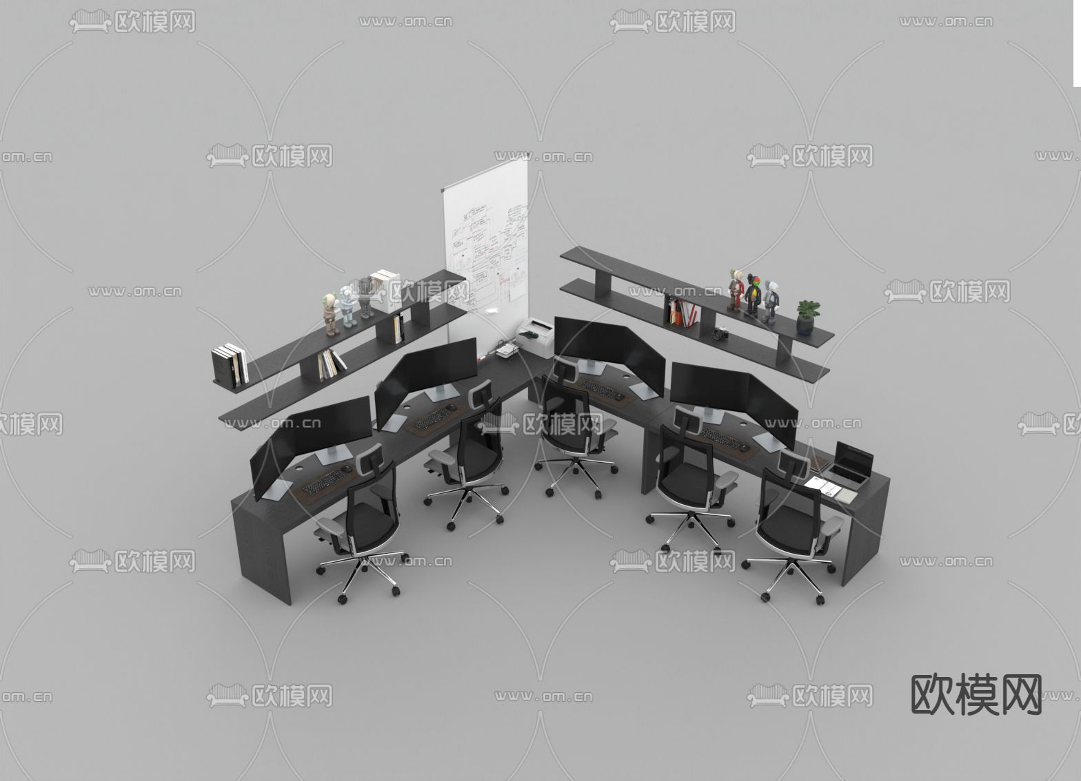 现代简约实木多人办公卡座免费3d模型下载