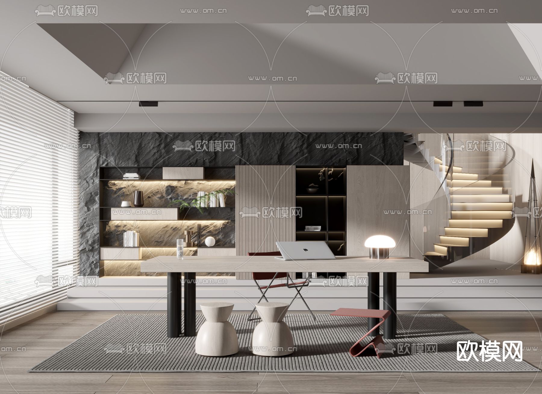 现代轻奢书房3d模型下载
