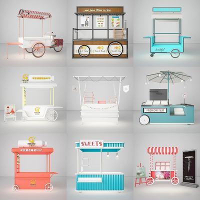  现代快餐车 甜品站 外摆车su模型 