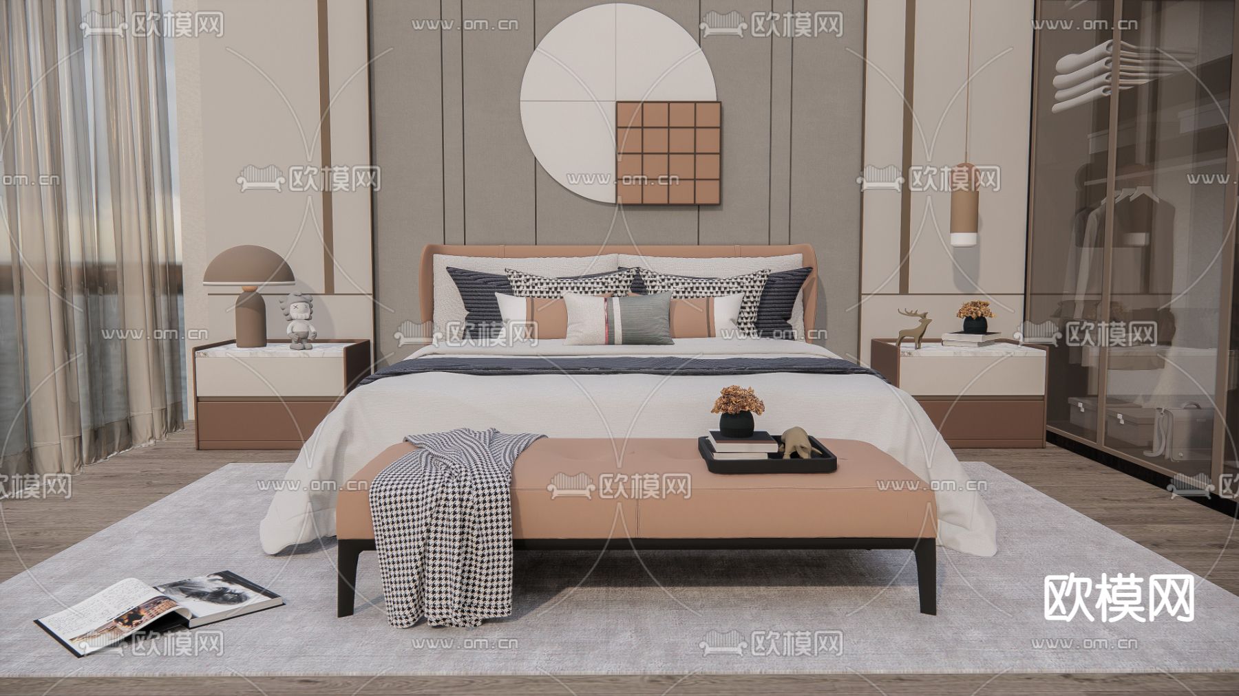 北欧双人床su模型下载（渲染图1）