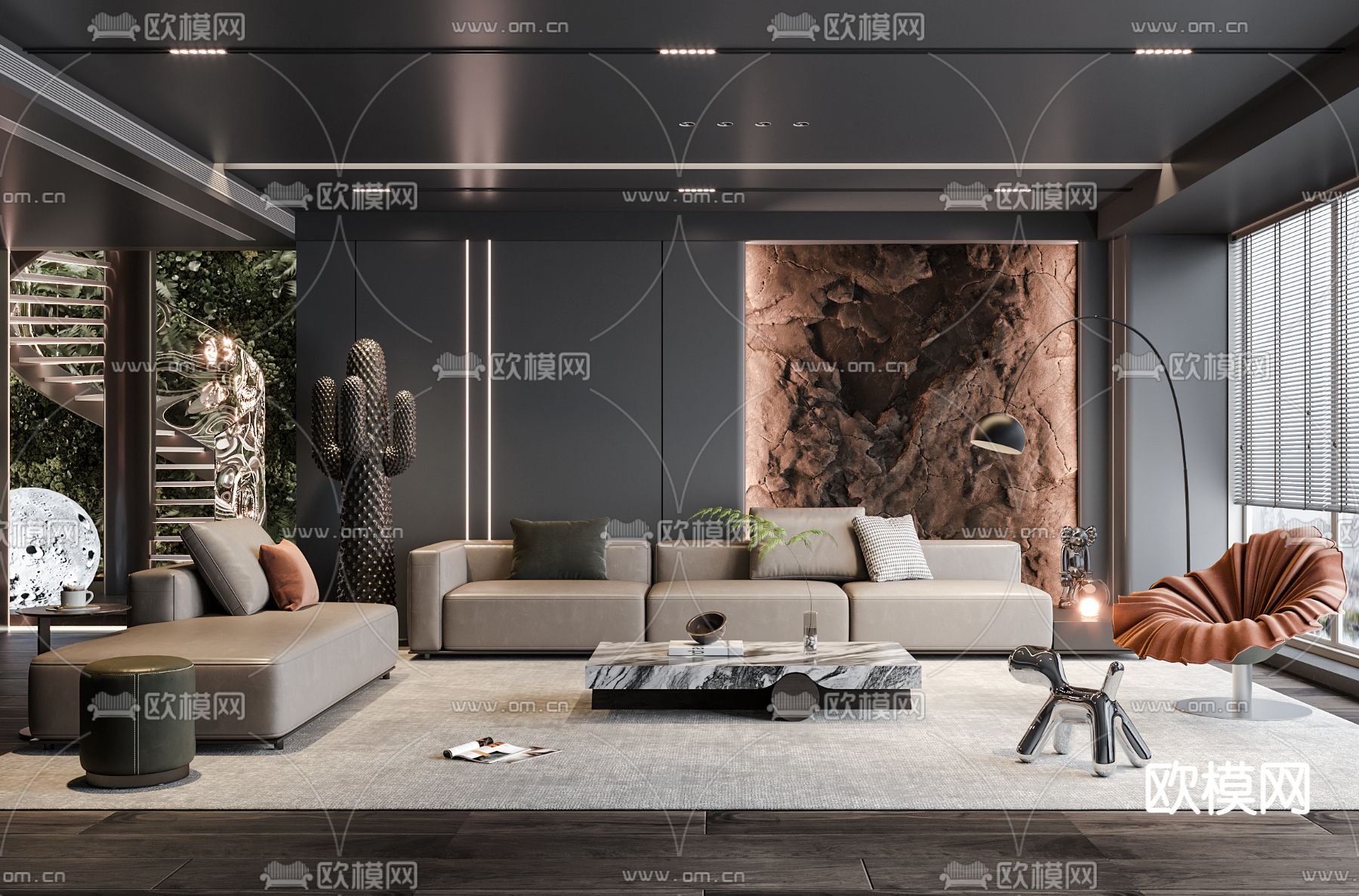 现代暗黑风客厅3d模型下载（渲染图4）