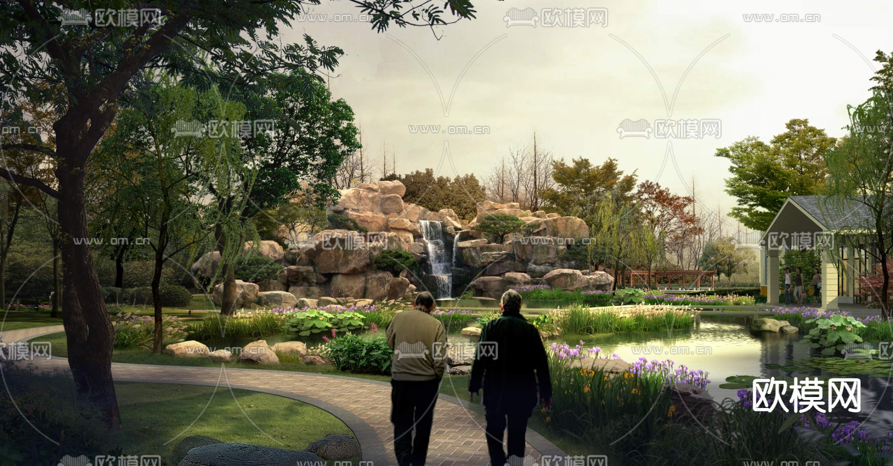 现代湿地公园假石流水psd下载