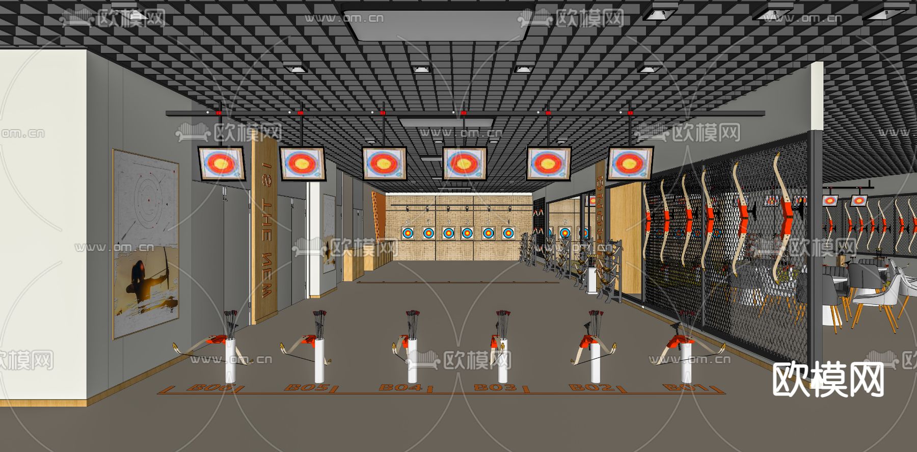 现代射箭馆 射击馆 弓箭展示su模型下载（渲染图3）