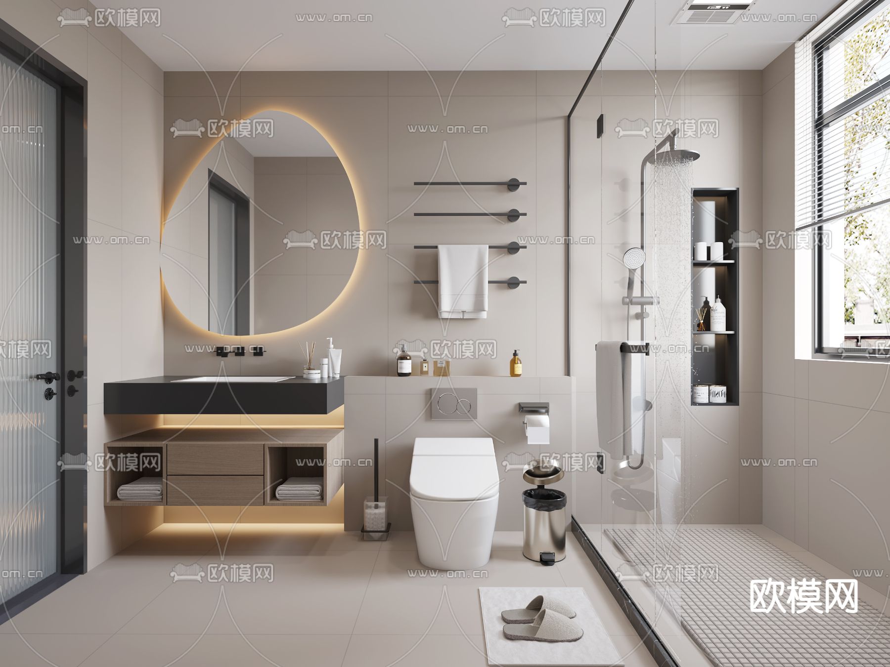 现代奶油风浴室卫生间su模型下载（渲染图1）