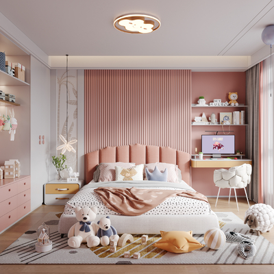  现代粉色儿童房 女孩房su模型 