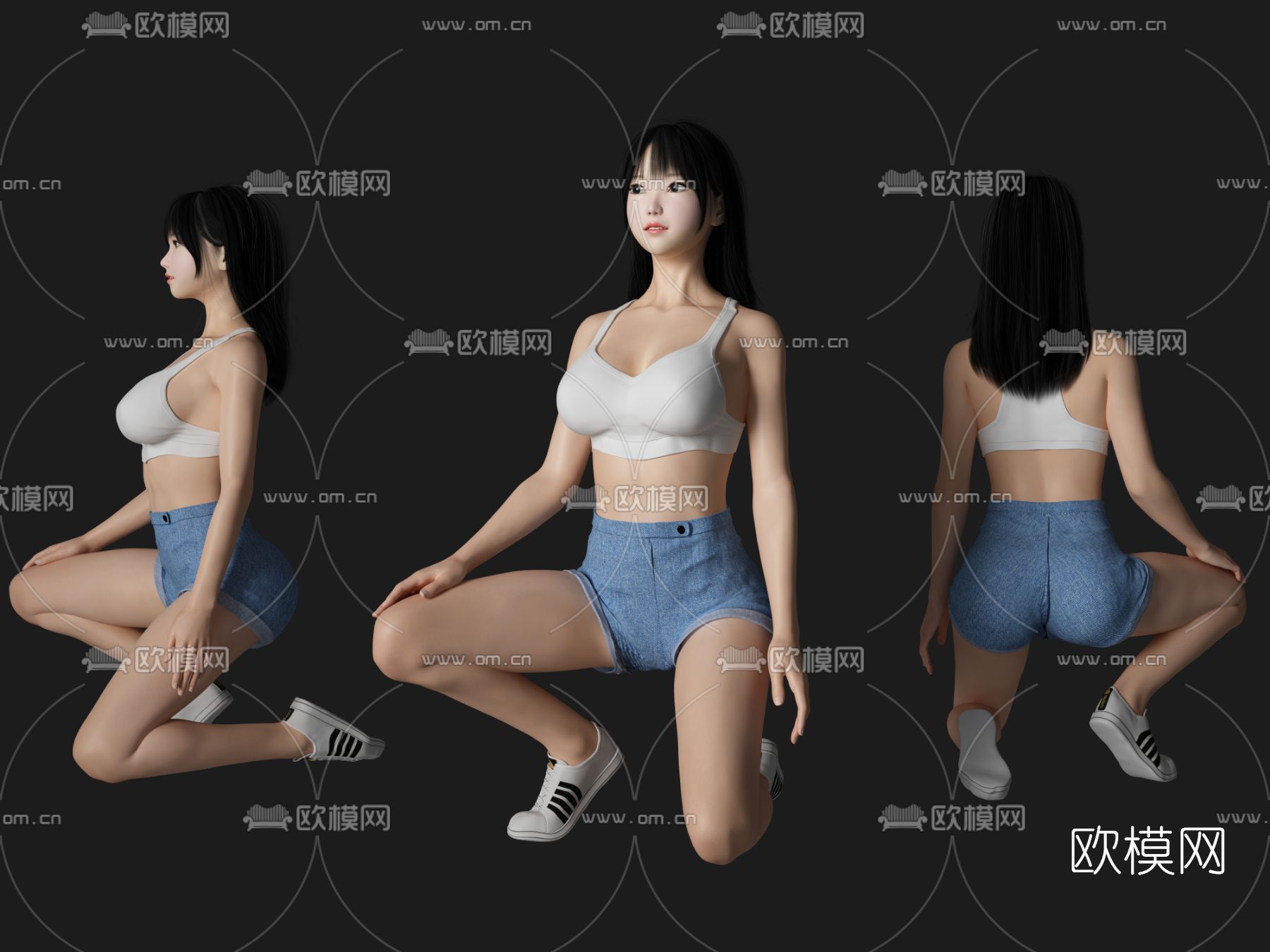 蹲姿女性人物3d模型下载