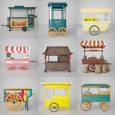  现代快餐车 甜品站 外摆车 售货车su模型 