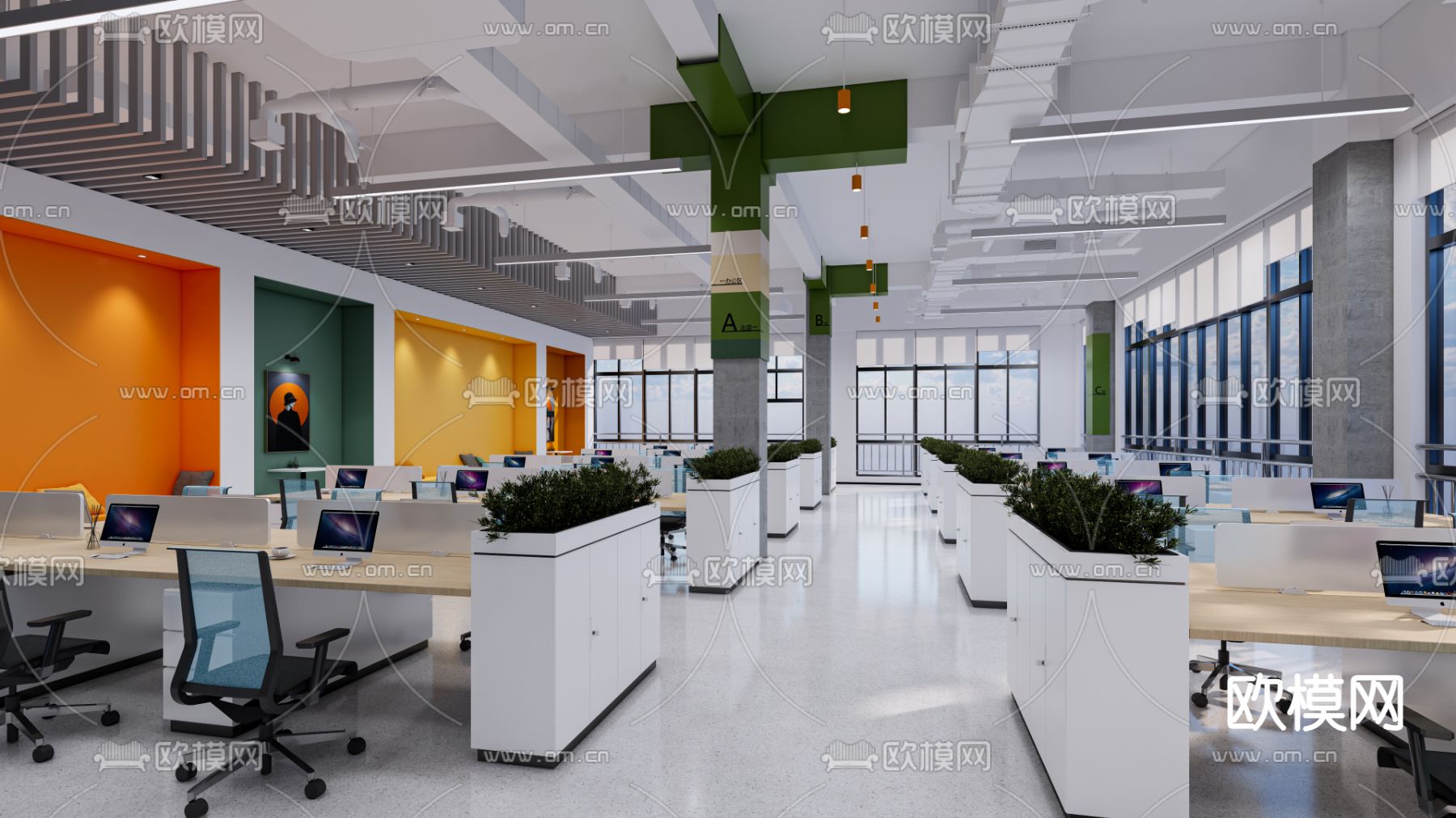 现代开放式办公区su模型下载（渲染图1）