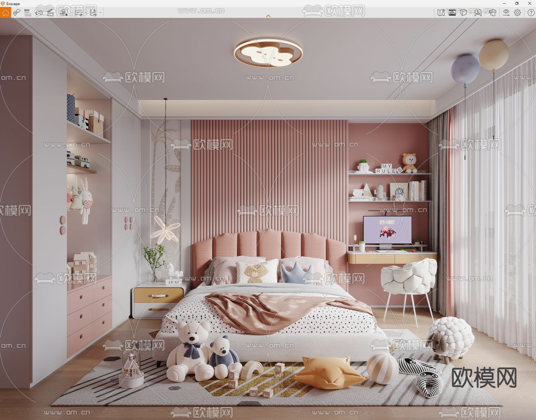 现代粉色儿童房 女孩房su模型下载（渲染图3）
