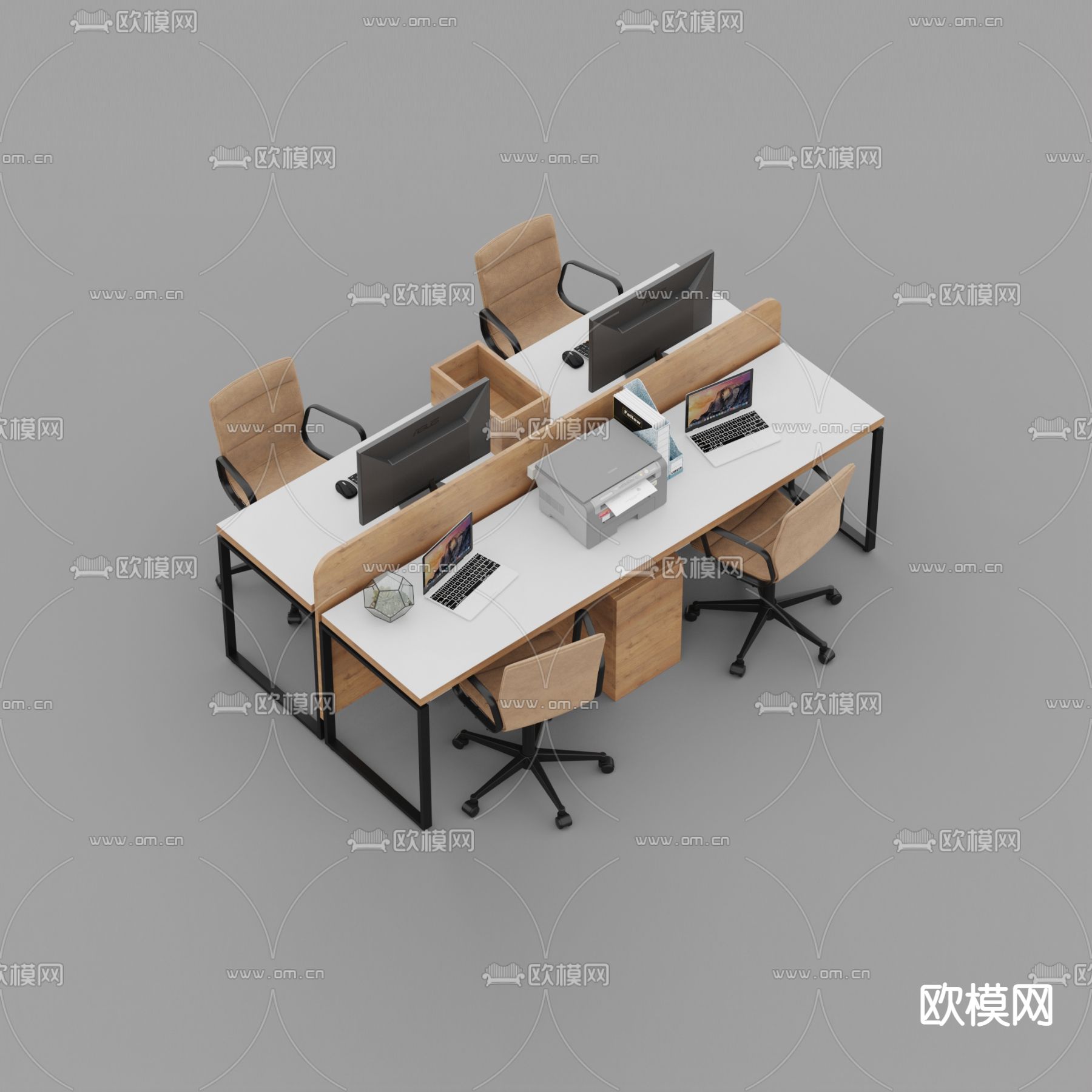 北欧简约不锈钢实木多人办公卡座免费3d模型下载