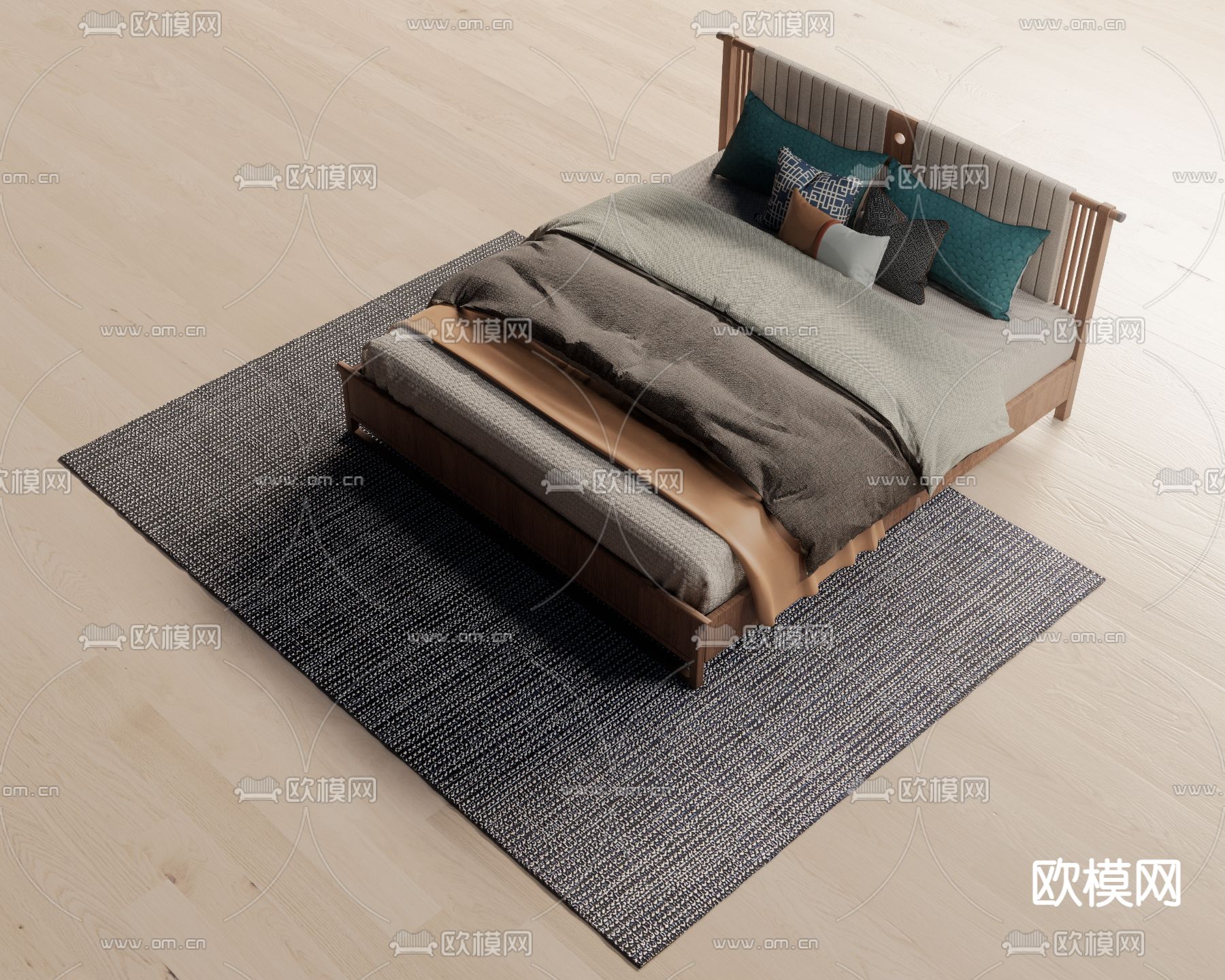 新中式双人床su模型下载（渲染图1）
