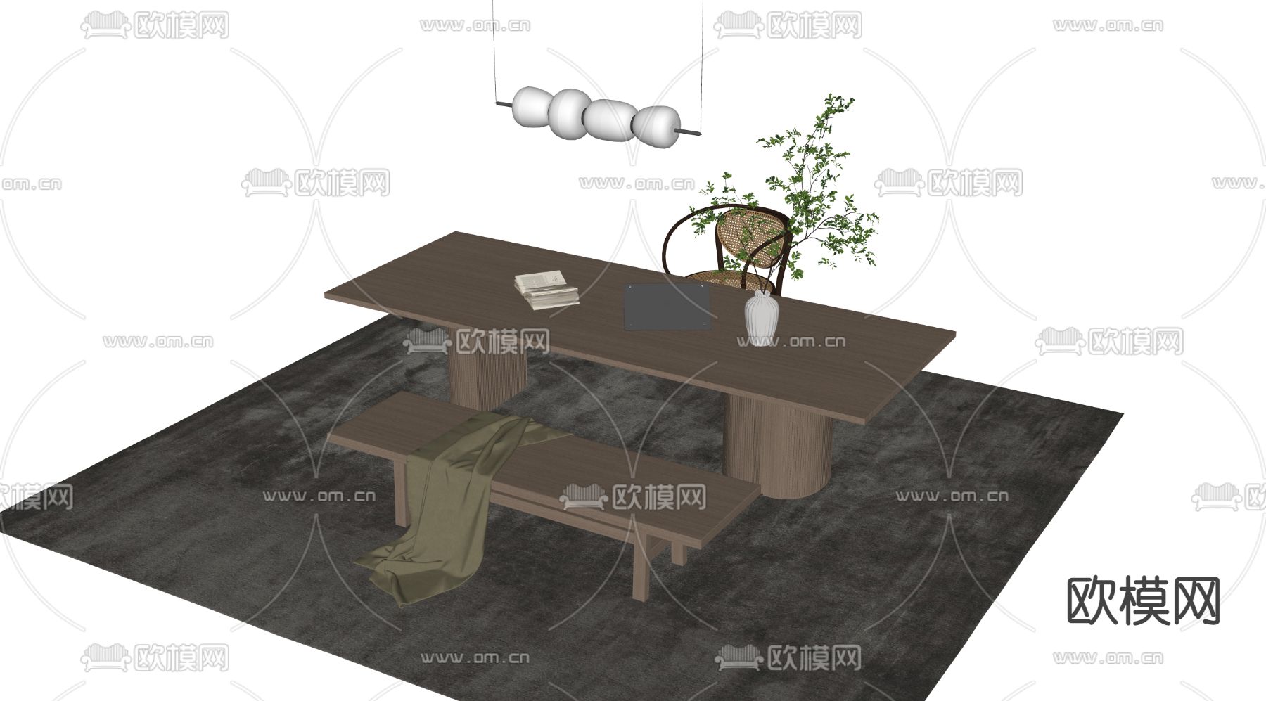 现代实木书桌椅组合su模型下载（渲染图2）