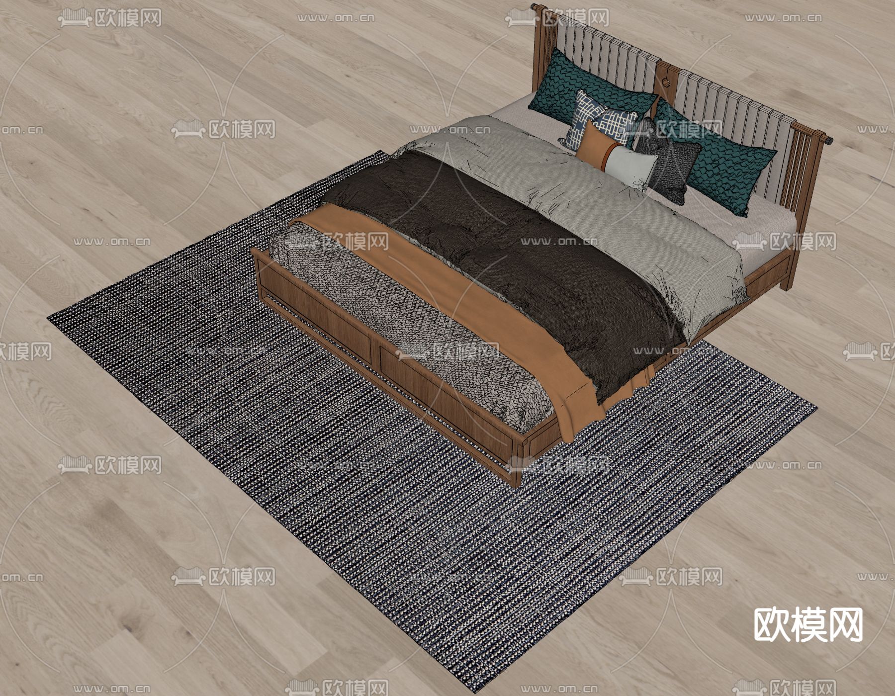 新中式双人床su模型下载（渲染图2）