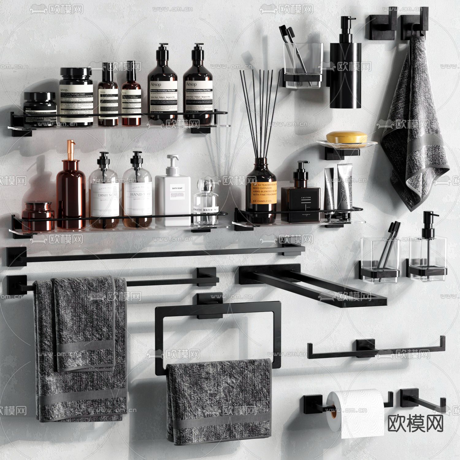 现代毛巾 香薰 洗涤用品3d模型下载（渲染图1）
