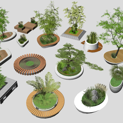  现代圆形花池座椅su模型 