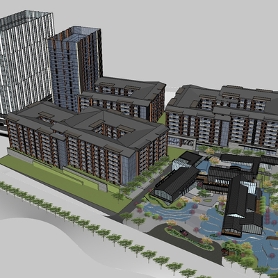  新中式商业楼建筑鸟瞰su模型 
