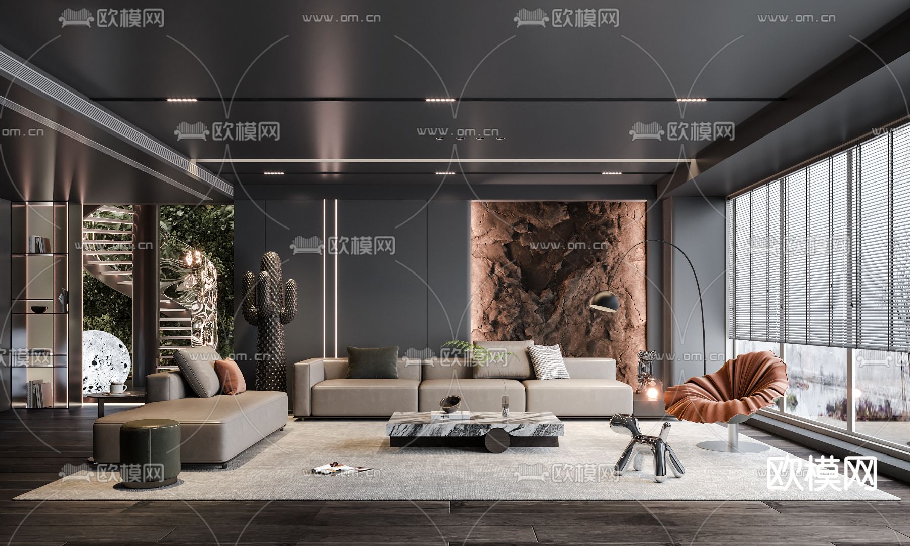 现代暗黑风客厅3d模型下载（渲染图1）