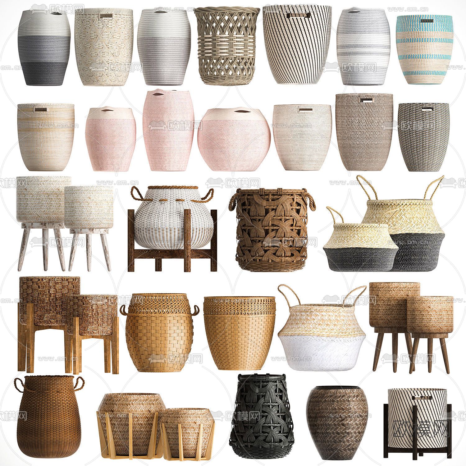 现代编织竹筐洗衣篓3d模型下载