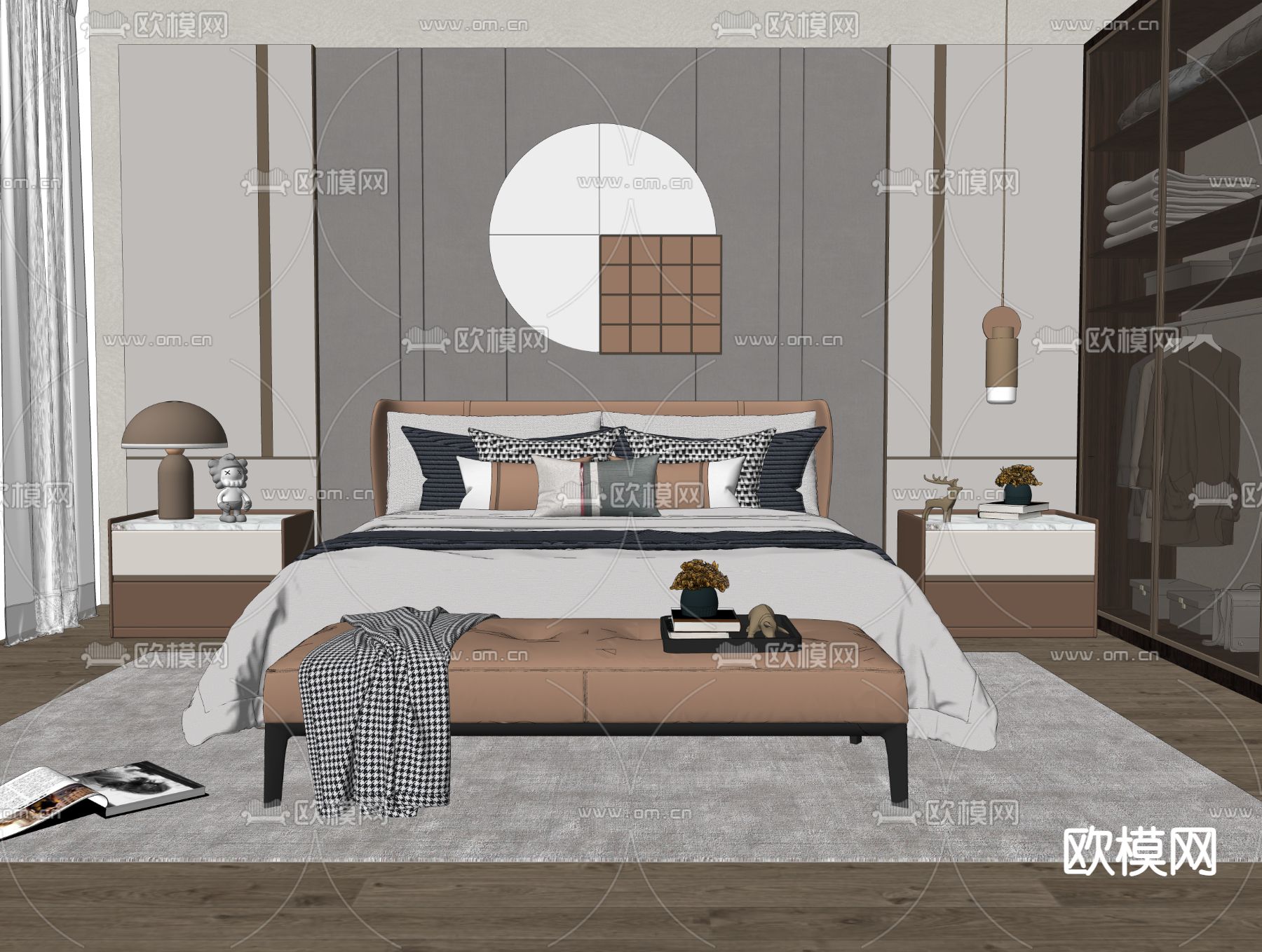 北欧双人床su模型下载（渲染图2）