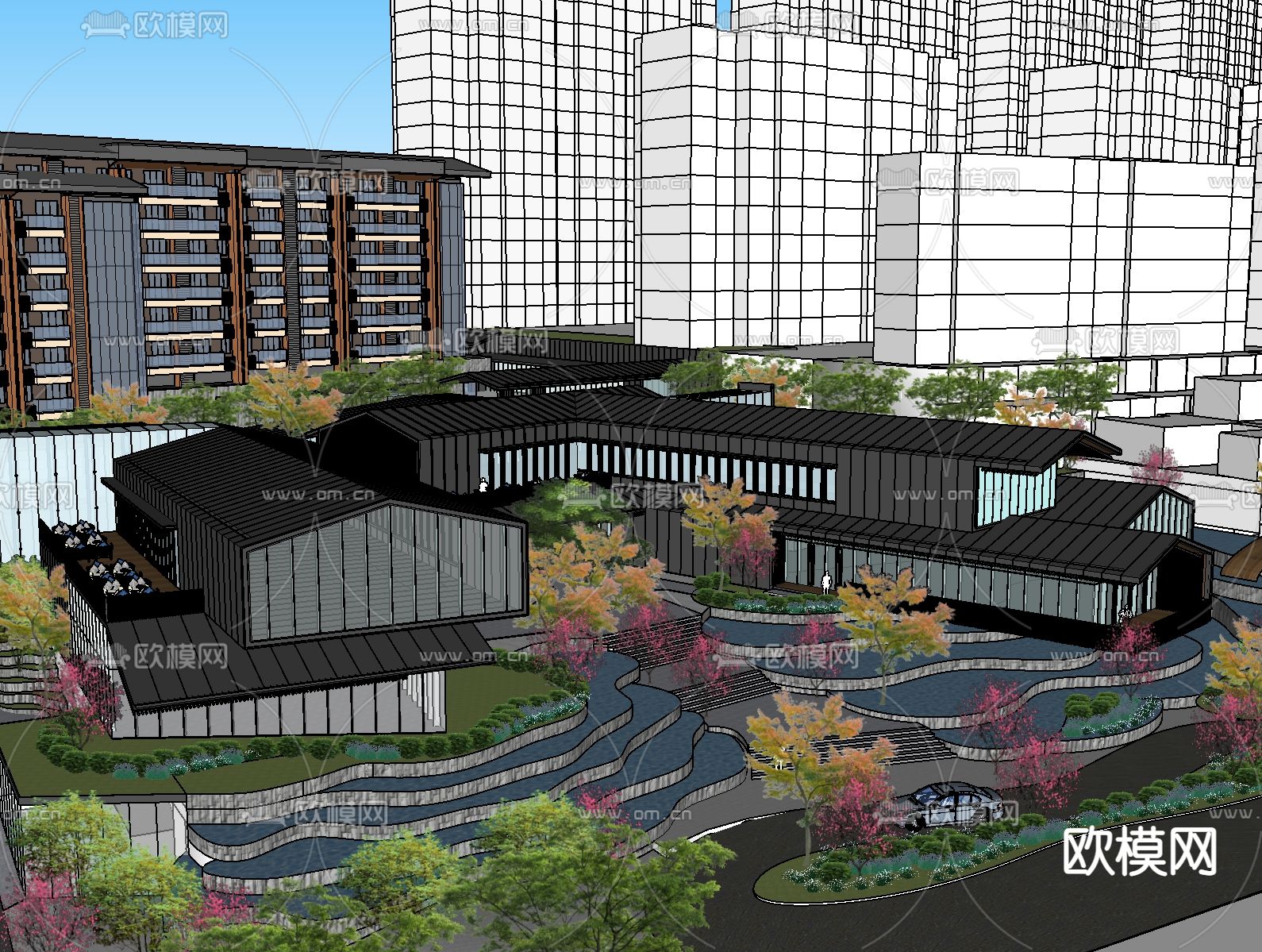 新中式商业楼建筑鸟瞰su模型下载（渲染图3）